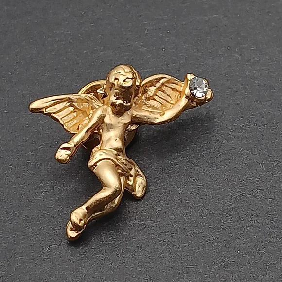 Gold Angel Cherub Pin with Clear Stone Accent - Women Jewelry - Picture 3 of 6